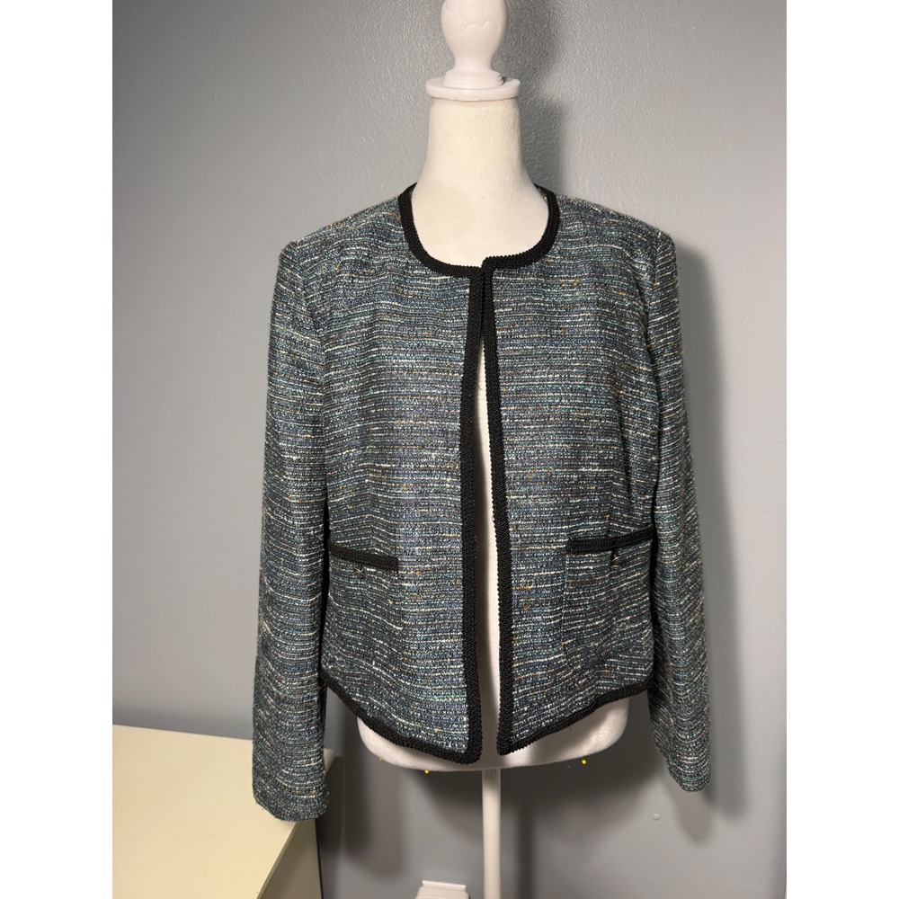 Roz & Ali Womens Large Blue Tweed Open Front Blazer Jacket Braided Trim Lined